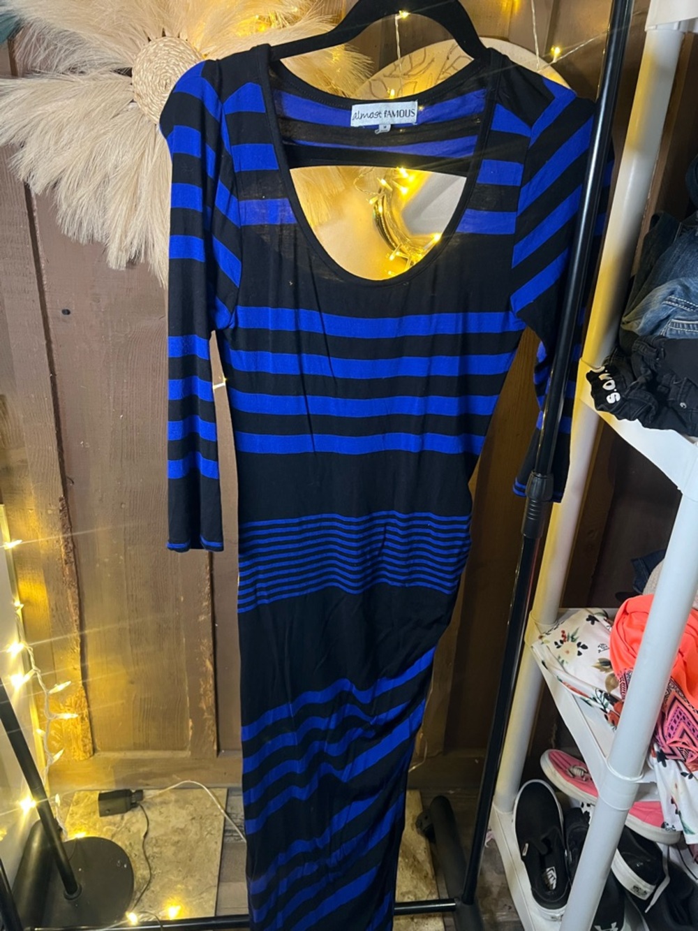 Almost Famous Blue and Black Striped Long Sleeve Maxi Dress